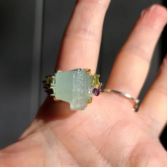 HUGE 30k Aquamarine RAW uncut w/Peridot & Amethyst Sterling &gold ring sz9 - Picture 5 of 9